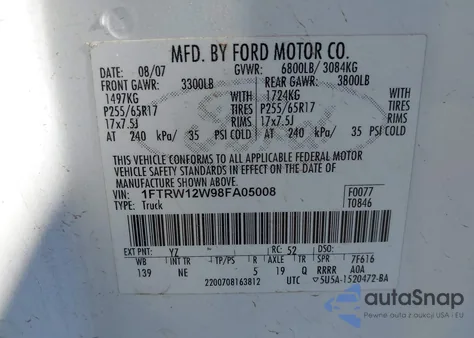 2008 Ford F-150 60Th Anniversary/Fx2/Xl/Xlt из США, поврежденный, VIN 1FTRW12W98FA05008